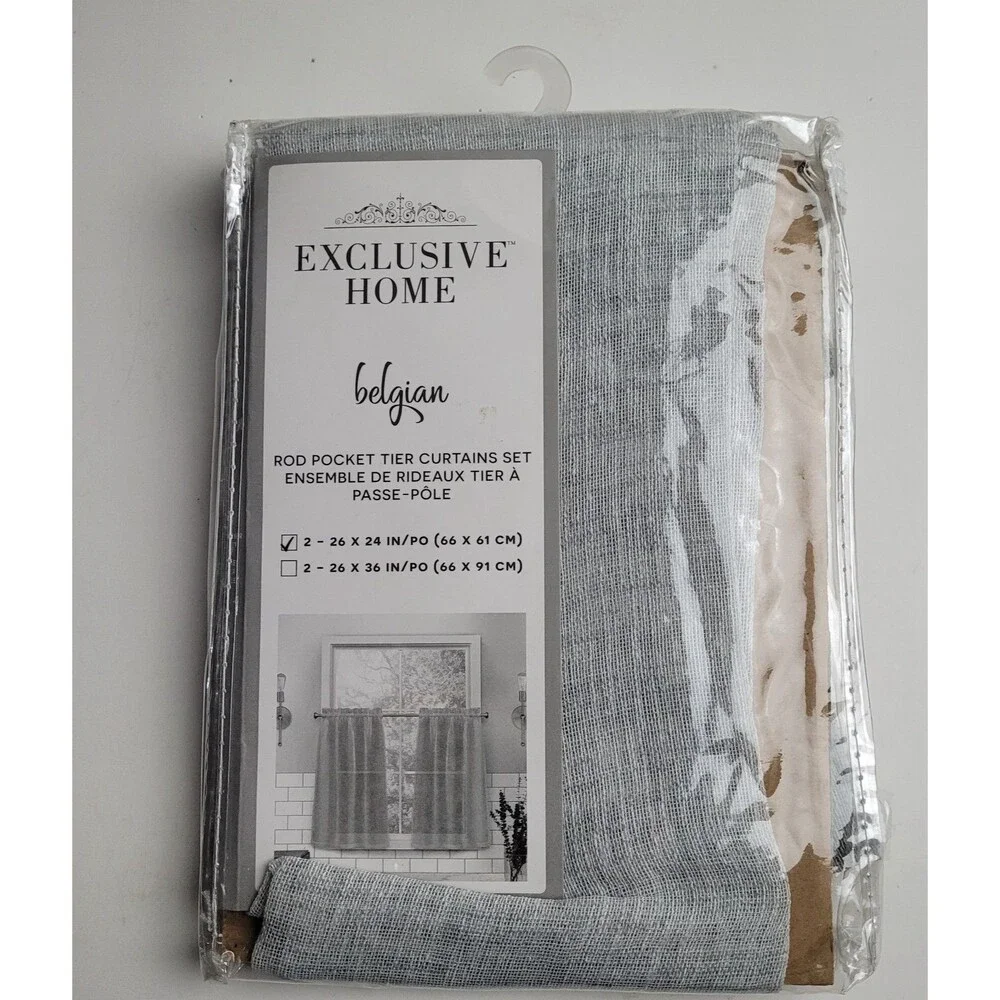 NEW Exclusive Home Curtains Belgian sheer rod tier 2 curtain panels 26x24 #BT2